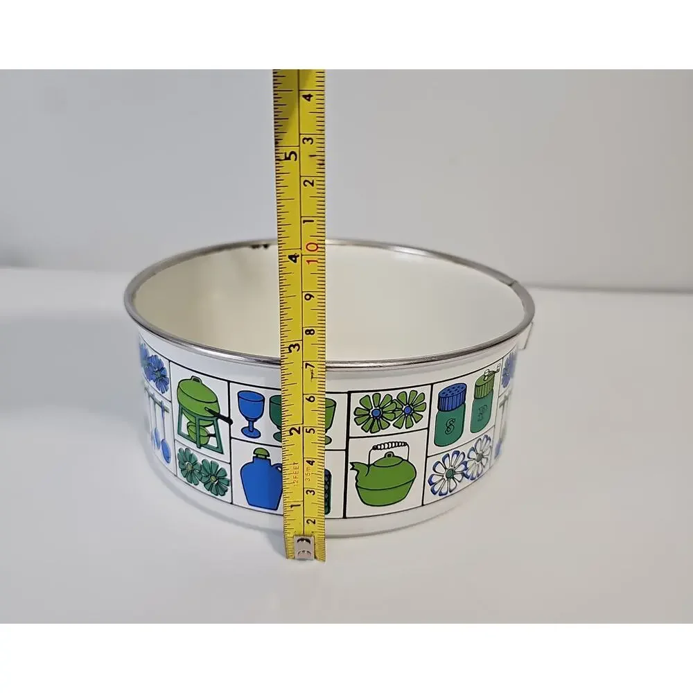vintage MCM Enamelware Pot Retro 70s Fower Power Cookware Green Blue